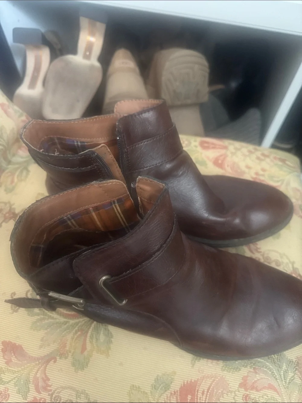 boc Brown Leather Ankle Booties with Side Zip & Strap